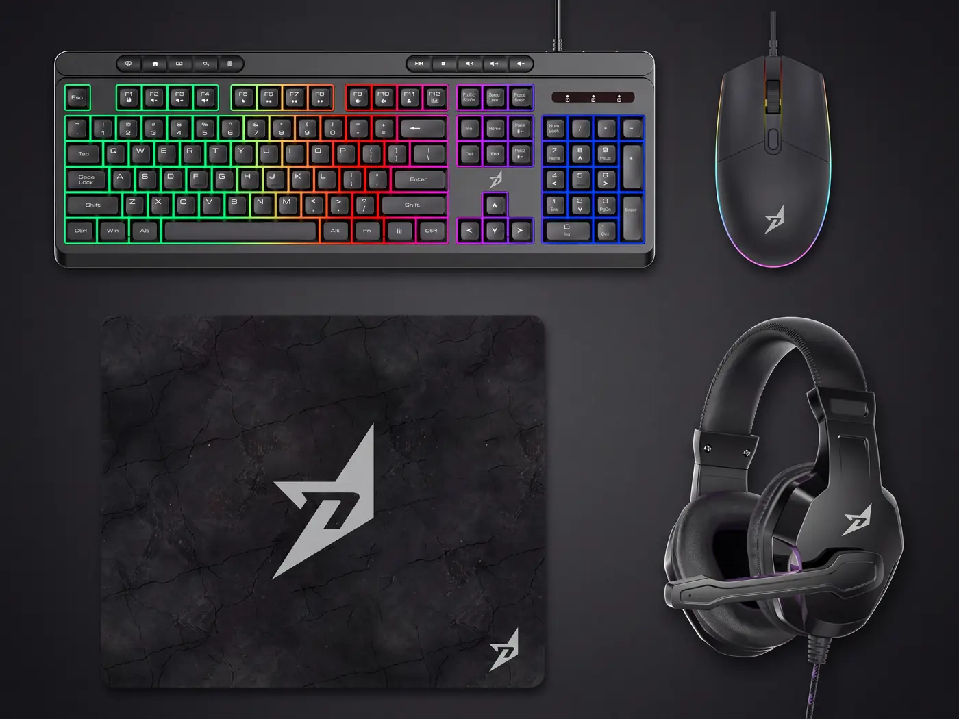 De fire dele i Next XD-50 gaming sæt: tastatur, mus, headset og musemåtte