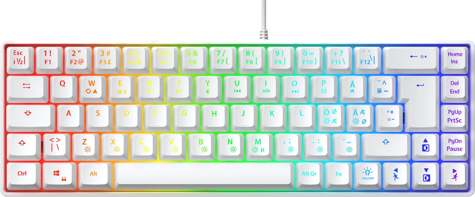 Next MX6 mini 65 RGB membran gamingtastatur (hvid), set oppefra med lyset tændt