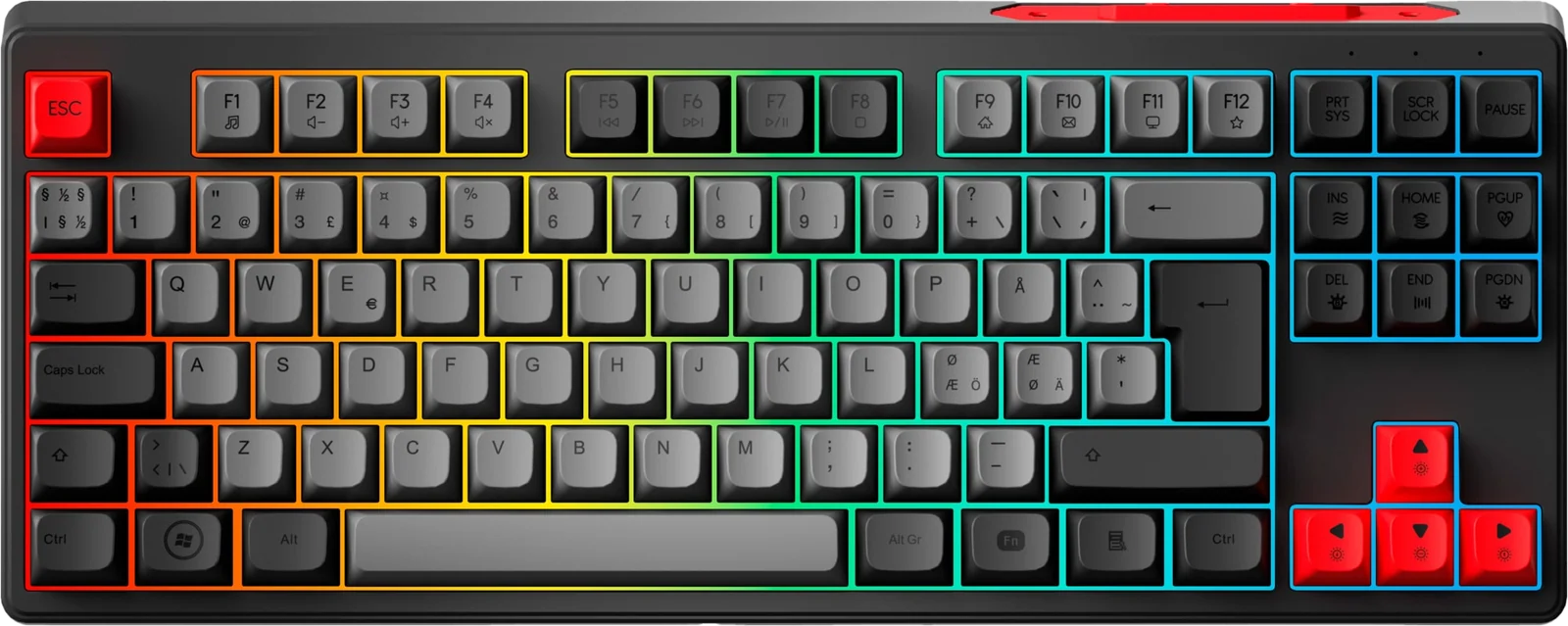 Next MX6 TKL gaming-tastatur (sort), set oppefra med lyset tændt