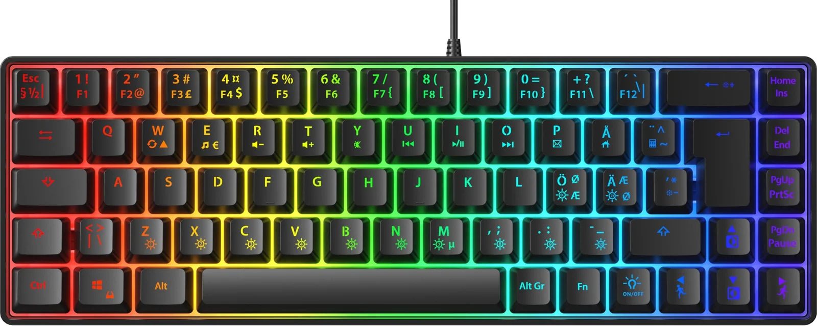 Next MX6 mini 65 gaming-tastatur (sort), set oppefra med lyset tændt