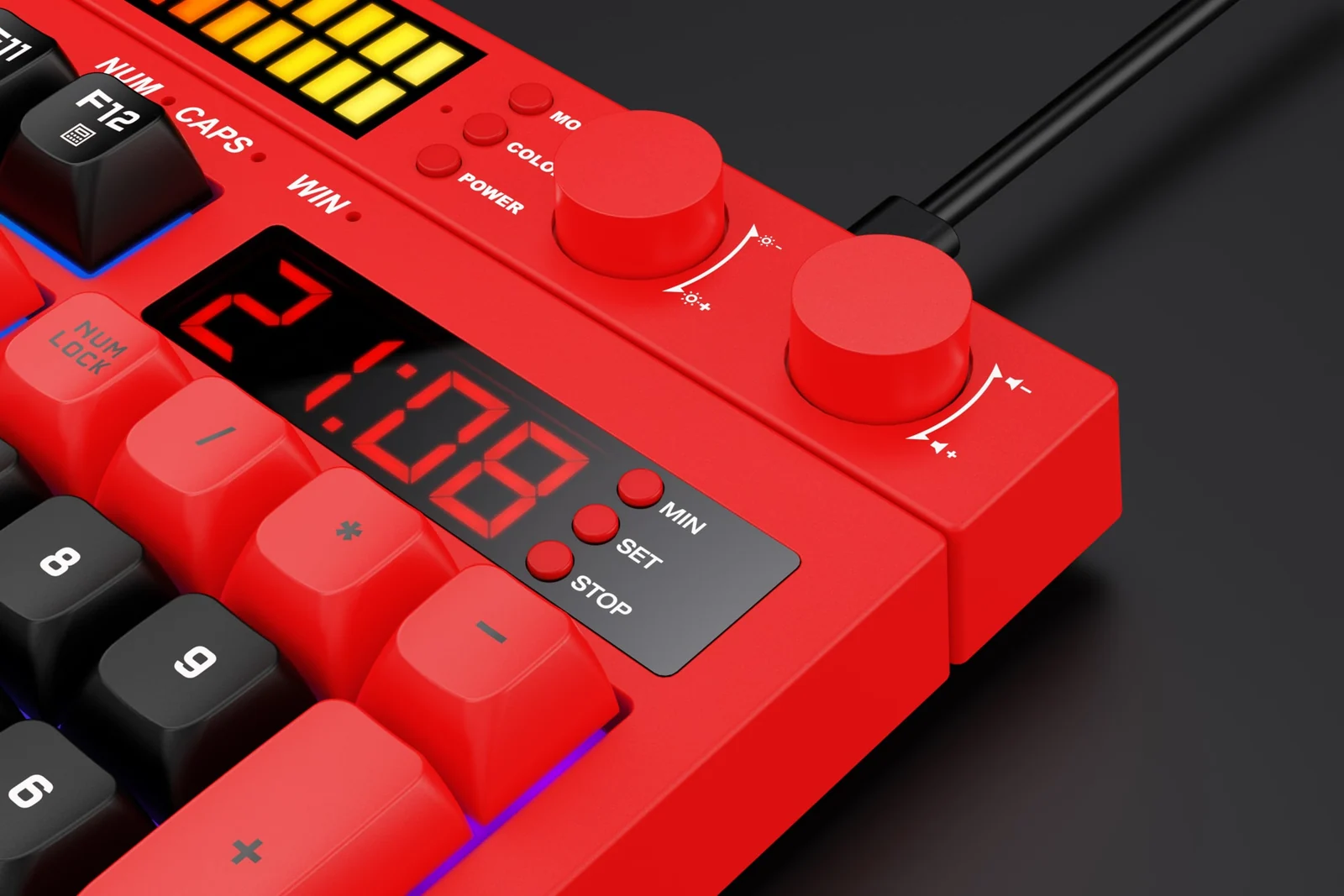 Next KD5 keyboard (rød), tæt på uret og drejeknapperne