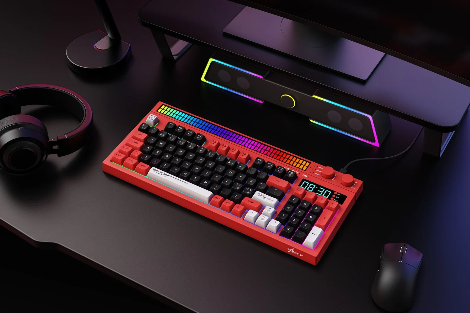 Next KD5 keyboard (rød), på et skrivebord med headset og mus
