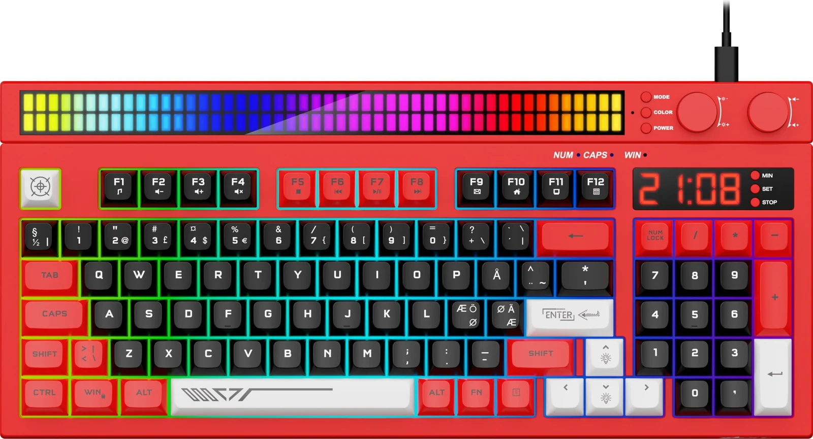 Next KD5 keyboard (rød), set oppefra med lyset tændt