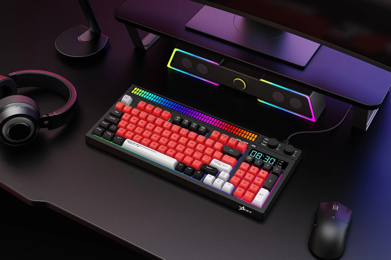 Next KD5 keyboard (sort), på et skrivebord