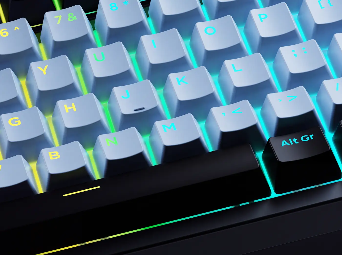 Close-up of the backlit keycaps on the QPAD Loop TKL mechanical keyboard