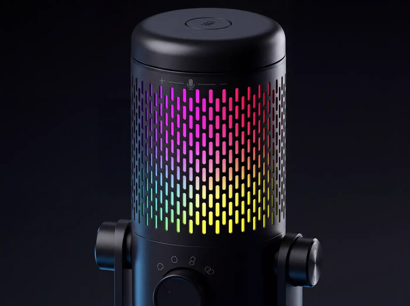 QPAD Omnibeam RGB Pro ストリーミングマイクの点灯したグリルのクローズアップ
